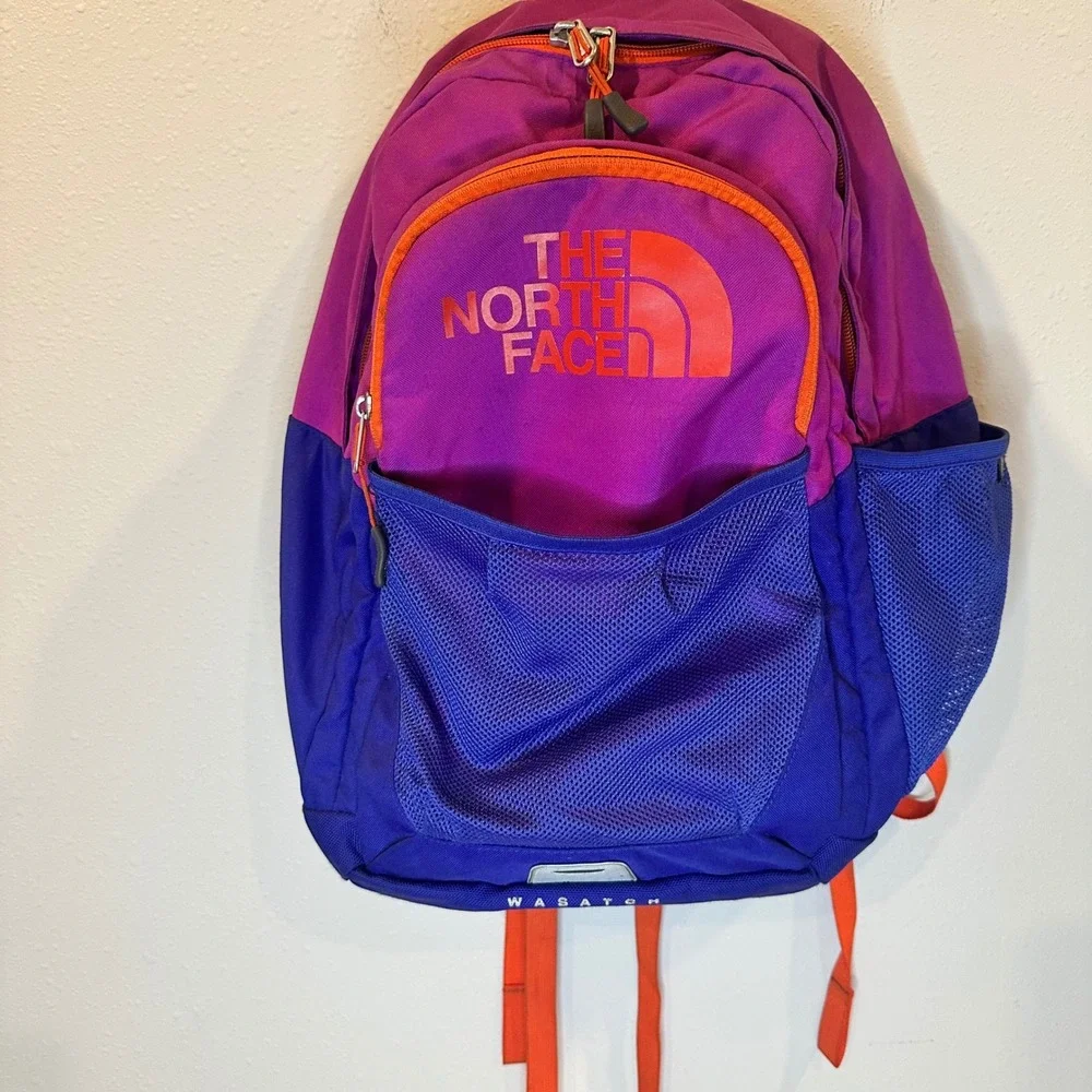 The North Face Wasatch Backpack Kid Purple Blue Logo Hiking School Sporty Travel - Picture 2 of 12